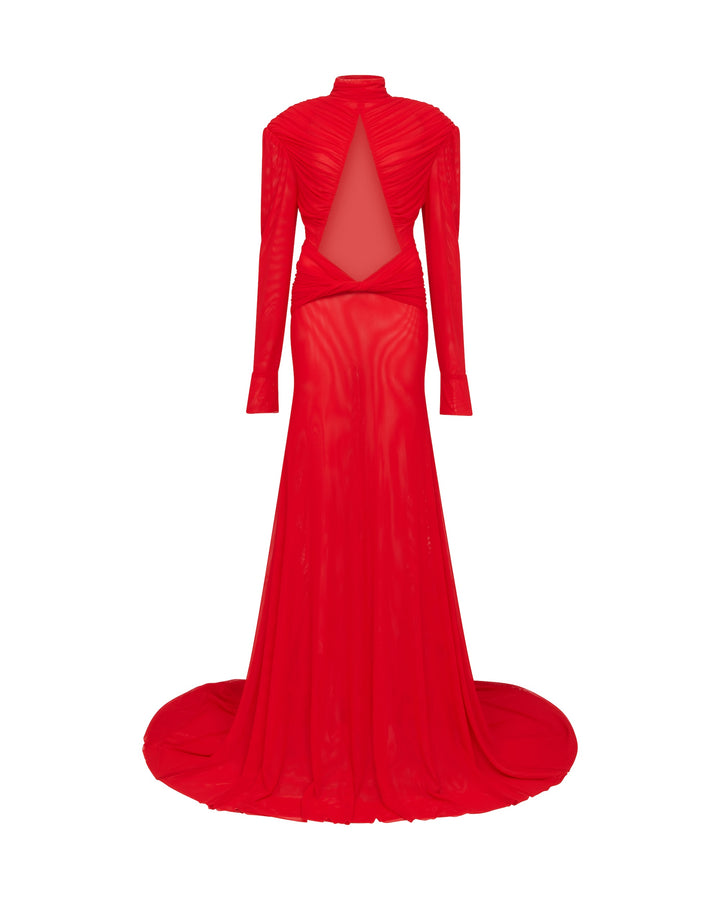 CUTOUT DETAIL LONG SLEEVE MESH GOWN