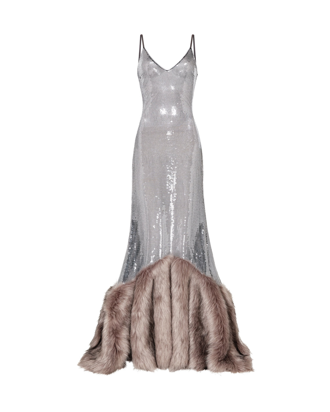 SEQUIN GOWN WITH FAUX FUR HEM