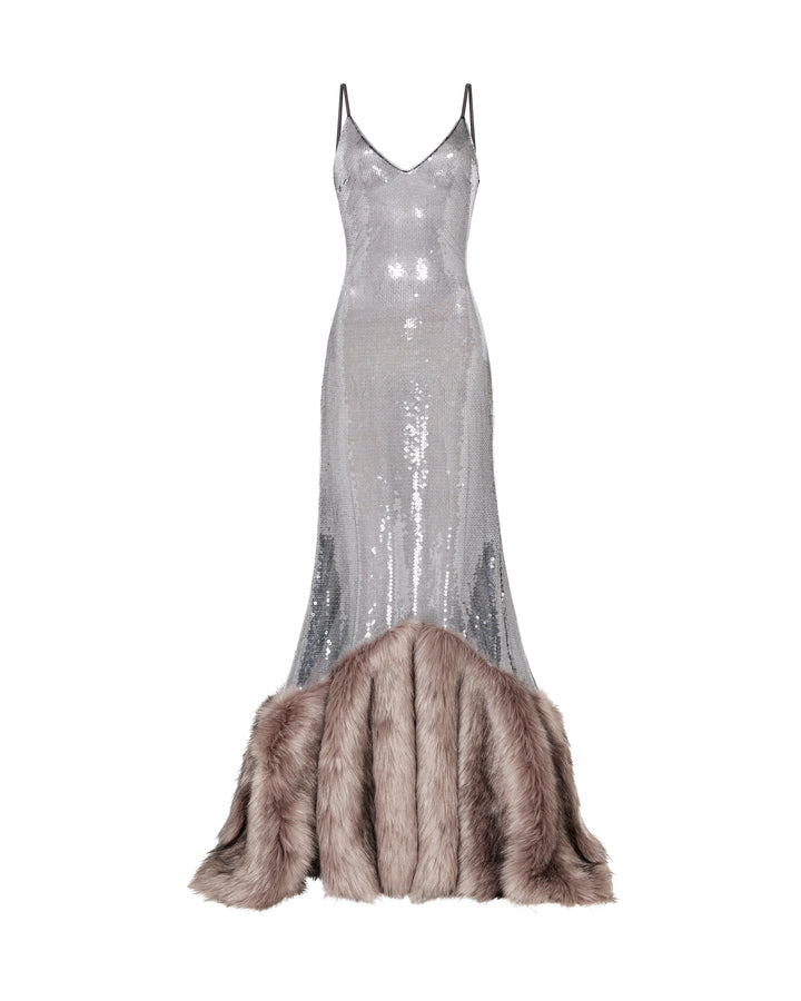 SEQUIN GOWN WITH FAUX FUR HEM