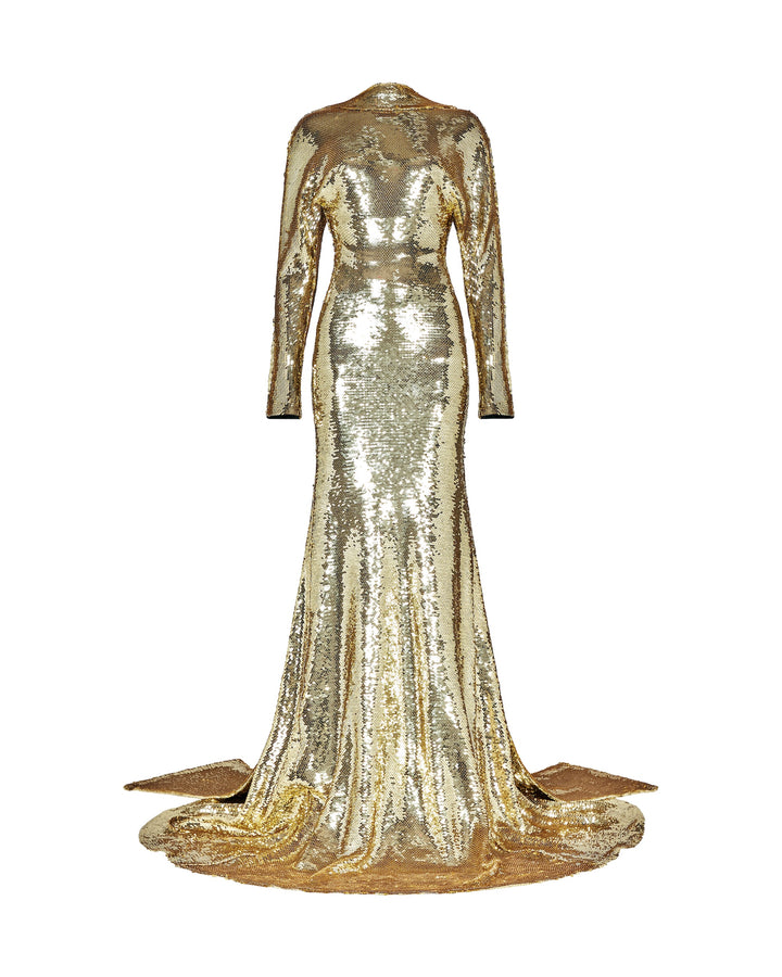 DRAPED OPEN BACK LONG SLEEVE SEQUIN GOWN