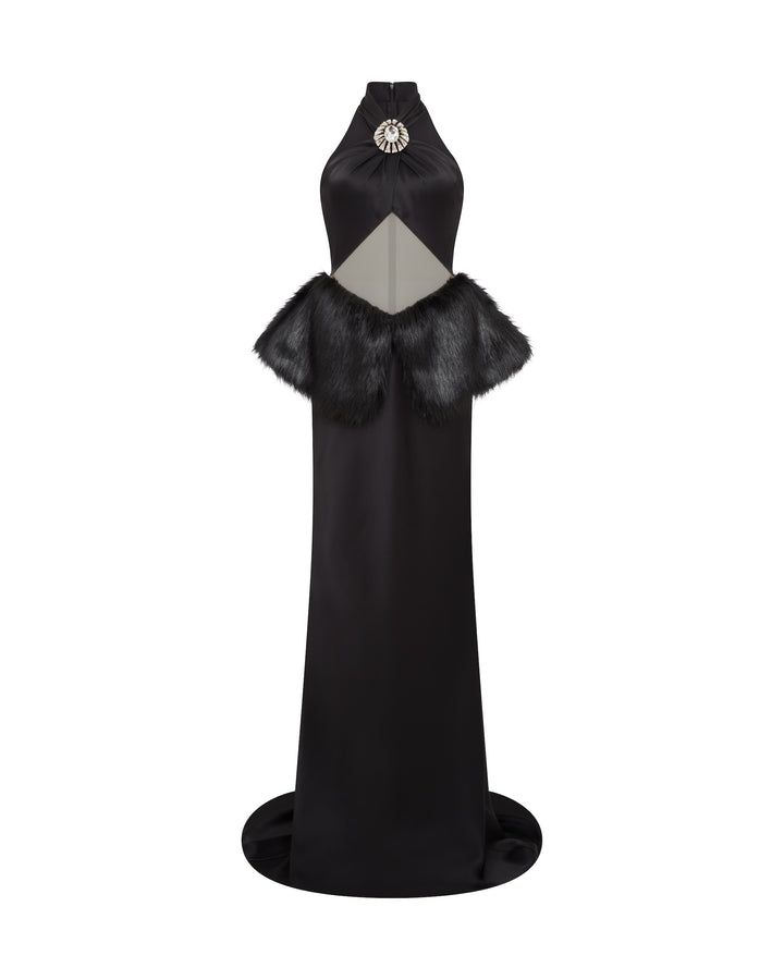 FAUX FUR PEPLUM TRIM GOWN