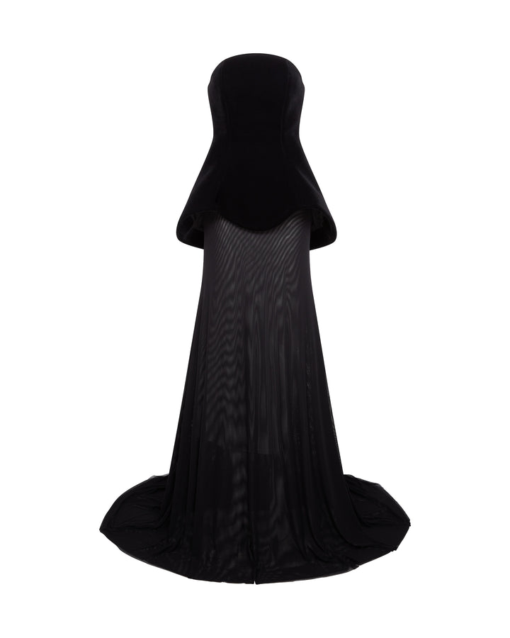 STRAPLESS CURVED HEM GOWN WITH MESH SKIRT