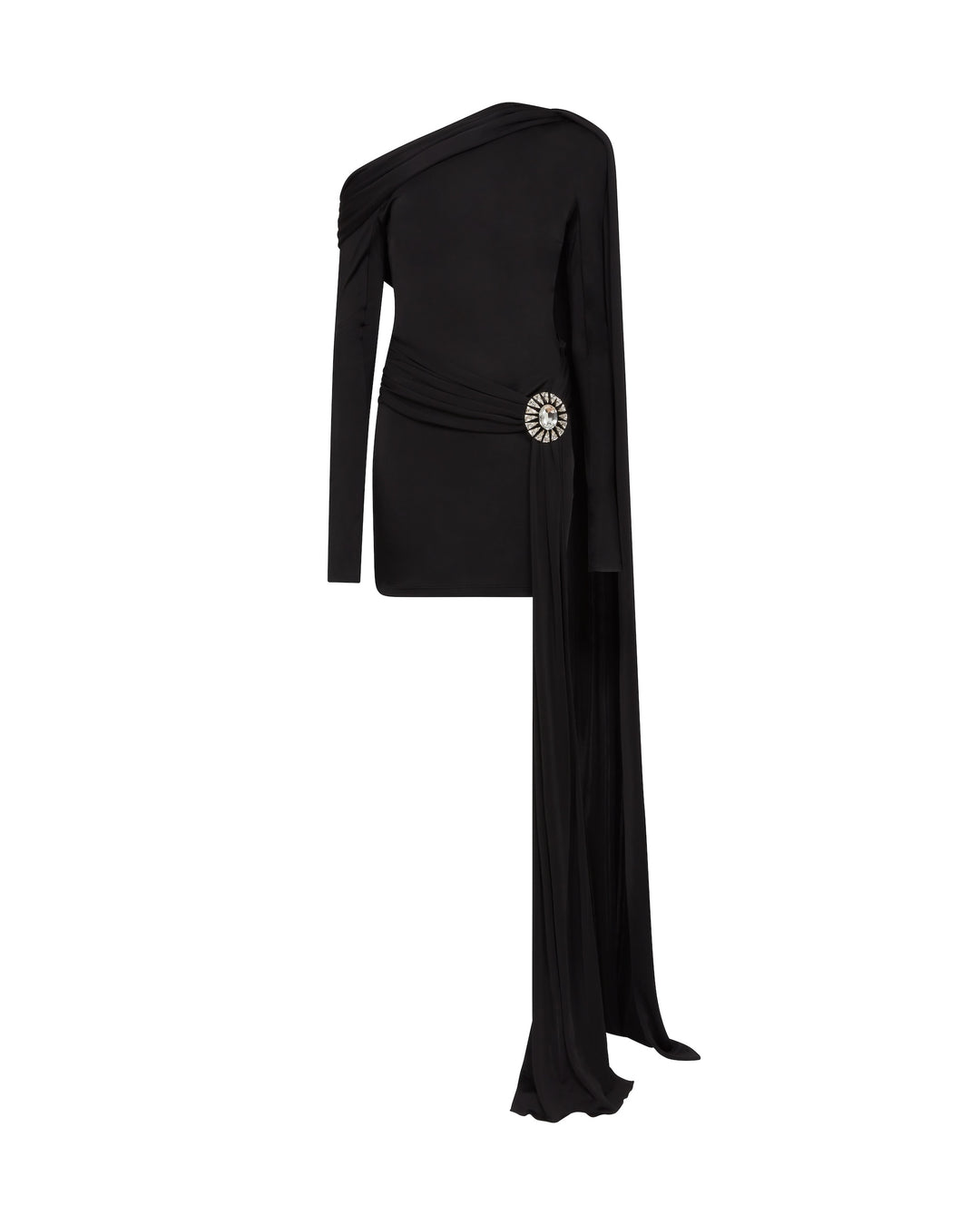 CRYSTAL BROOCH AND ONE SHOULDER MINI DRESS