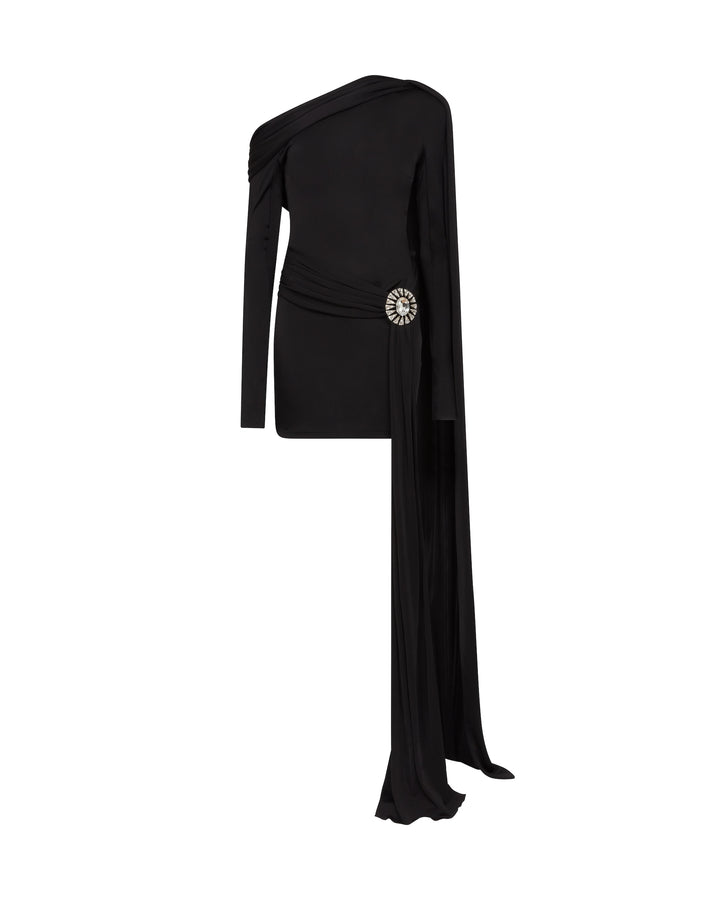 CRYSTAL BROOCH AND ONE SHOULDER MINI DRESS