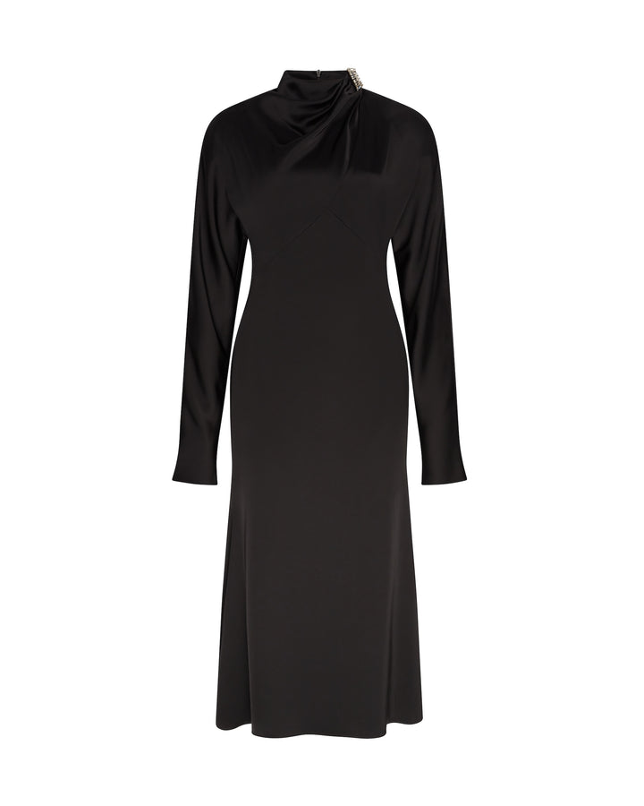 STRUCTURED SHOULDERS SATIN MIDI DRESS