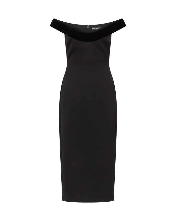 VELVET TRIMMED OFF-THE-SHOULDER MIDI DRESS