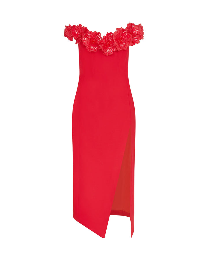 3D FLOWER MIDI DRESS WITH OPEN LEG