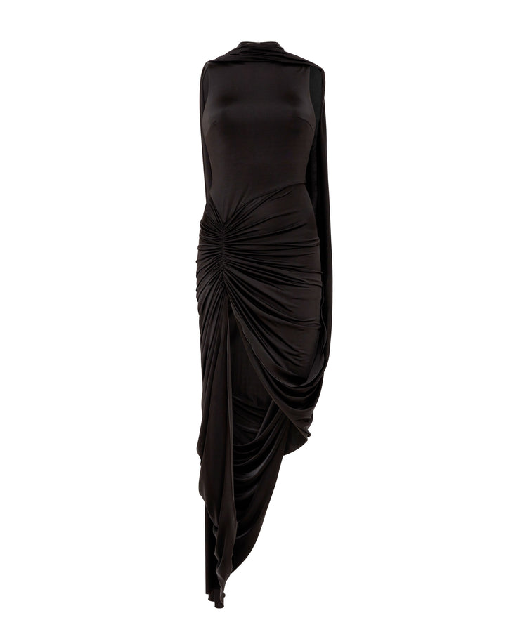 SCARF DETAIL RUCHED ASYMMETRIC MIDI DRESS