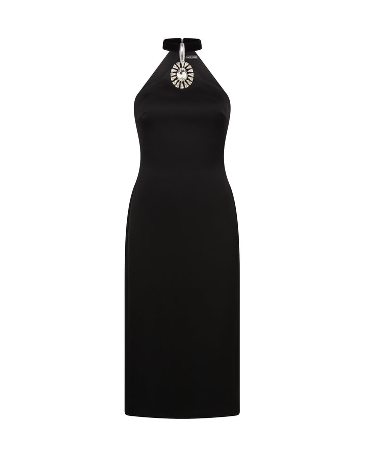 CRYSTAL PENDANT HALTER MIDI DRESS
