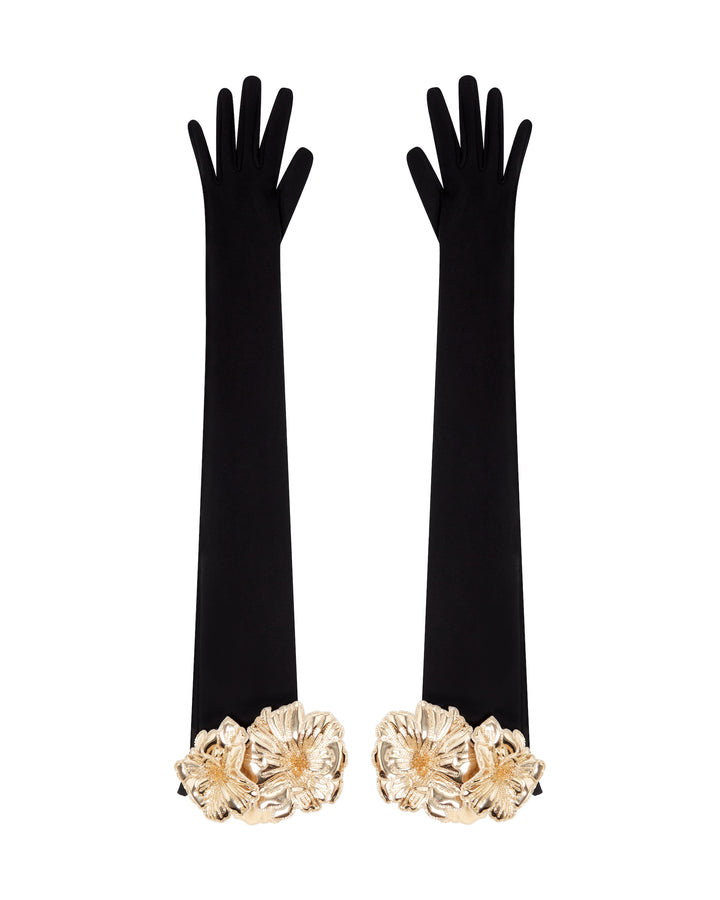 LONG GLOVES WITH GOLD 3D FLOWERS