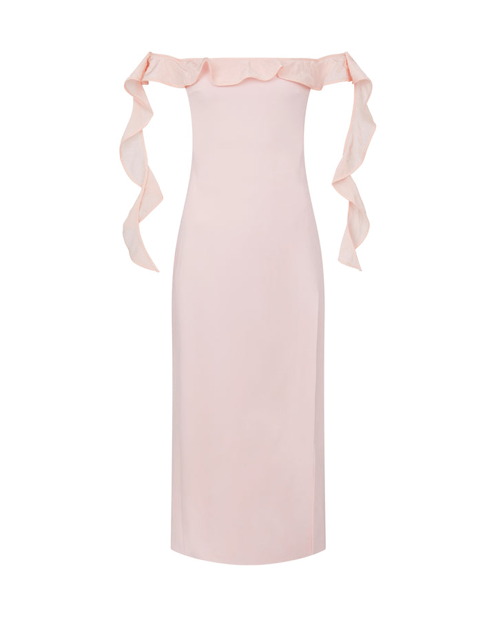 OFF SHOULDER RUFFLE MIDI DRESS IN BABY PINK