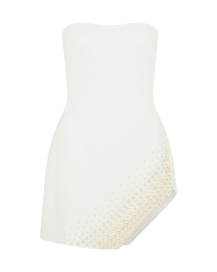 ASYMMETRIC PEARL EMBROIDERY MINI DRESS IN WHITE