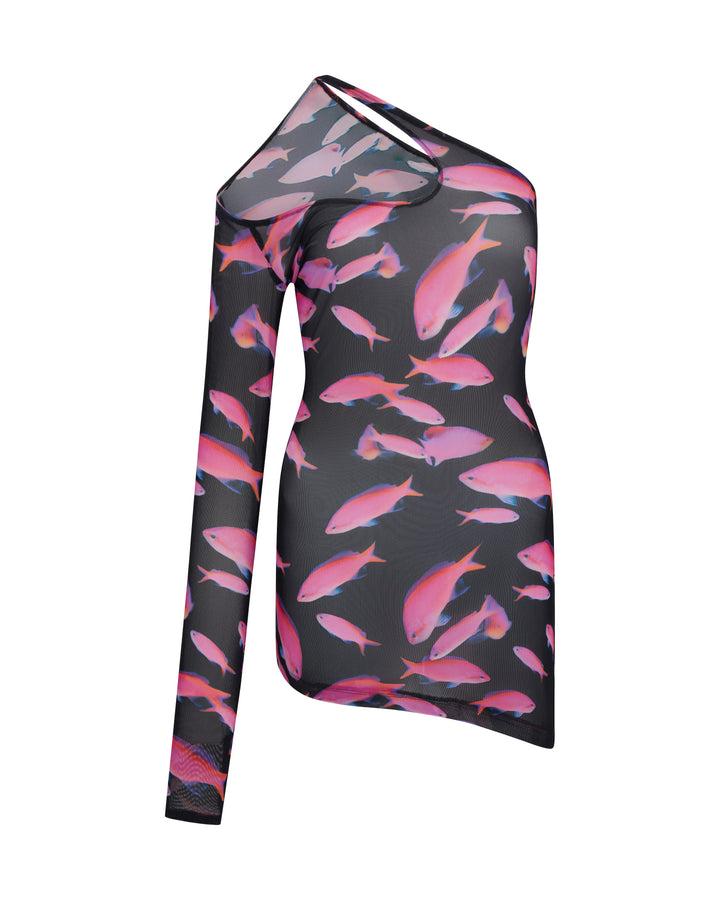 ASYMMETRIC FISH PRINT MESH MINI DRESS