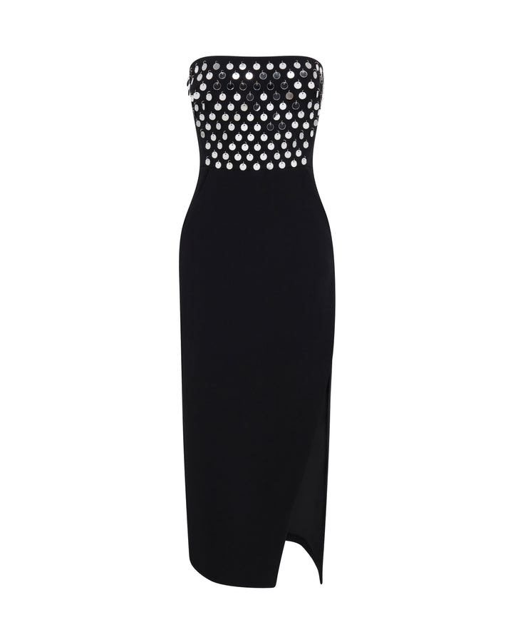 PLEXI MIRROR EMBROIDERED STRAPLESS DRESS