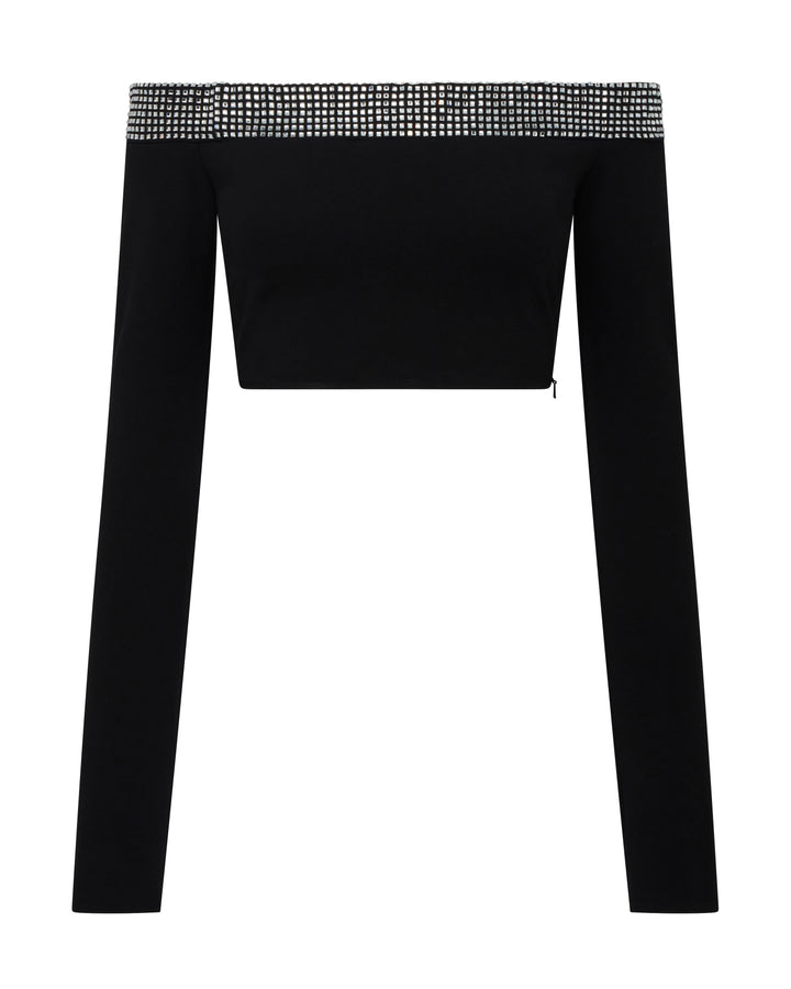 CRYSTAL HOTFIX OFF SHOULDER CROP TOP