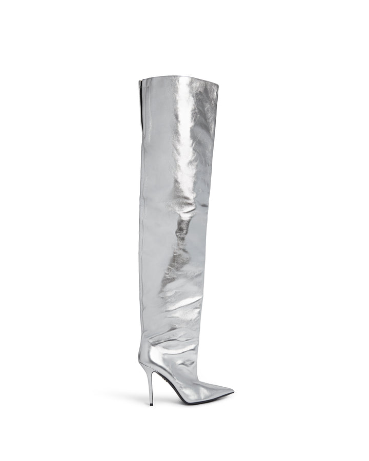 WIDE LEG THIGH HIGH BOOT IN SILVER