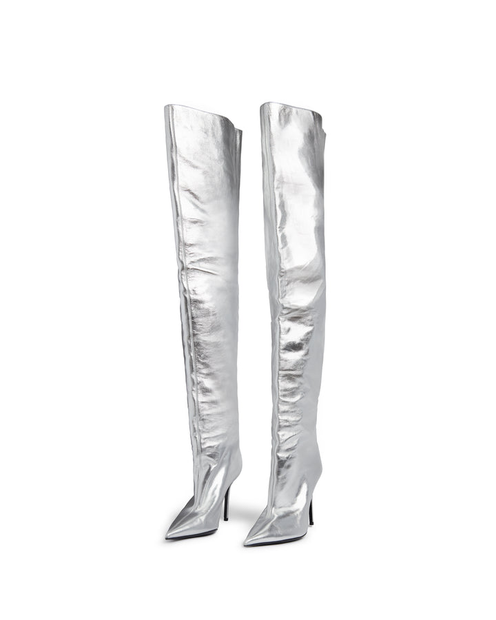 WIDE LEG THIGH HIGH BOOT IN SILVER