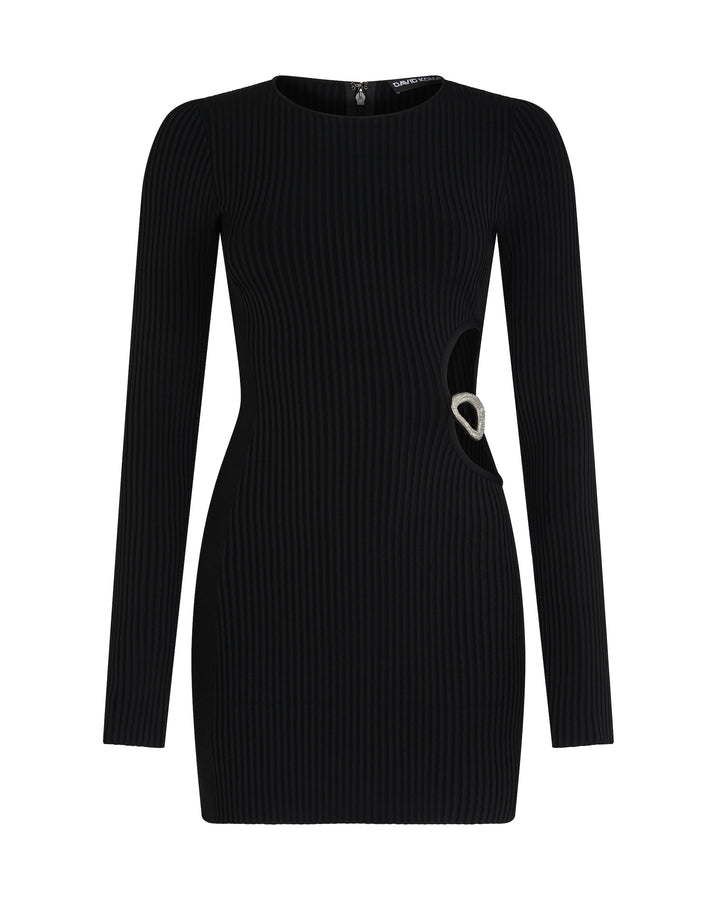 CRYSTAL BUCKLE AND CUTOUT KNIT MINI DRESS
