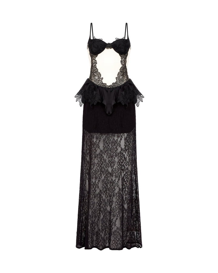 PEPLUM LACE GOWN IN BLACK