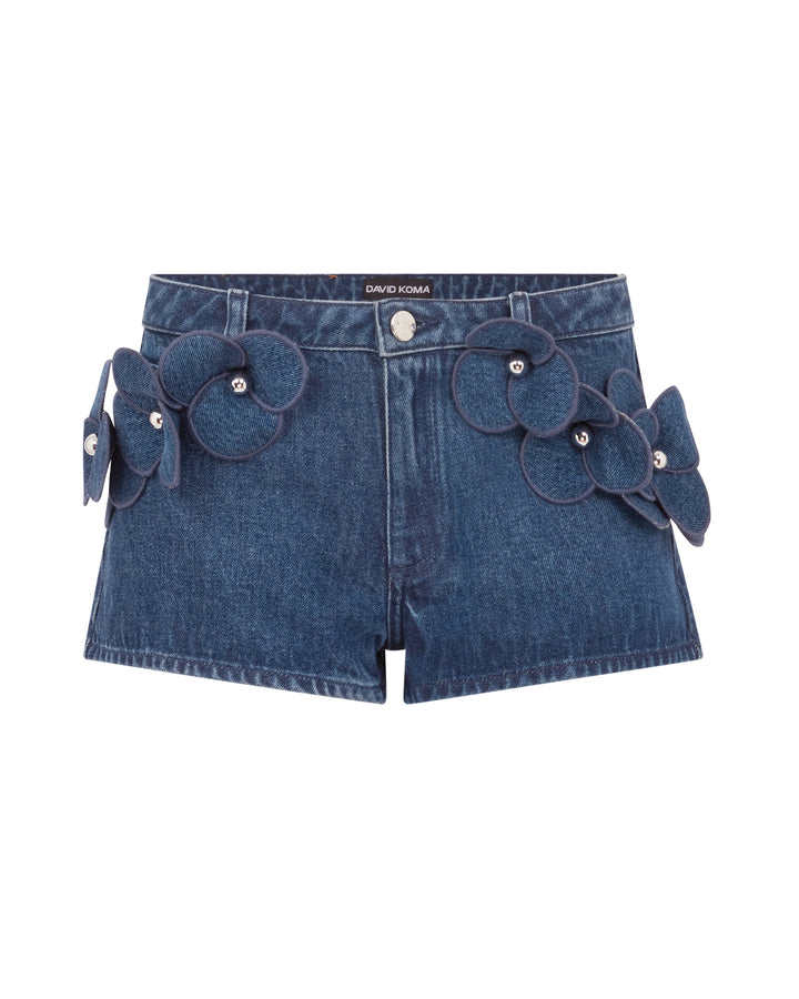 3D FLOWER DENIM MINI SHORTS