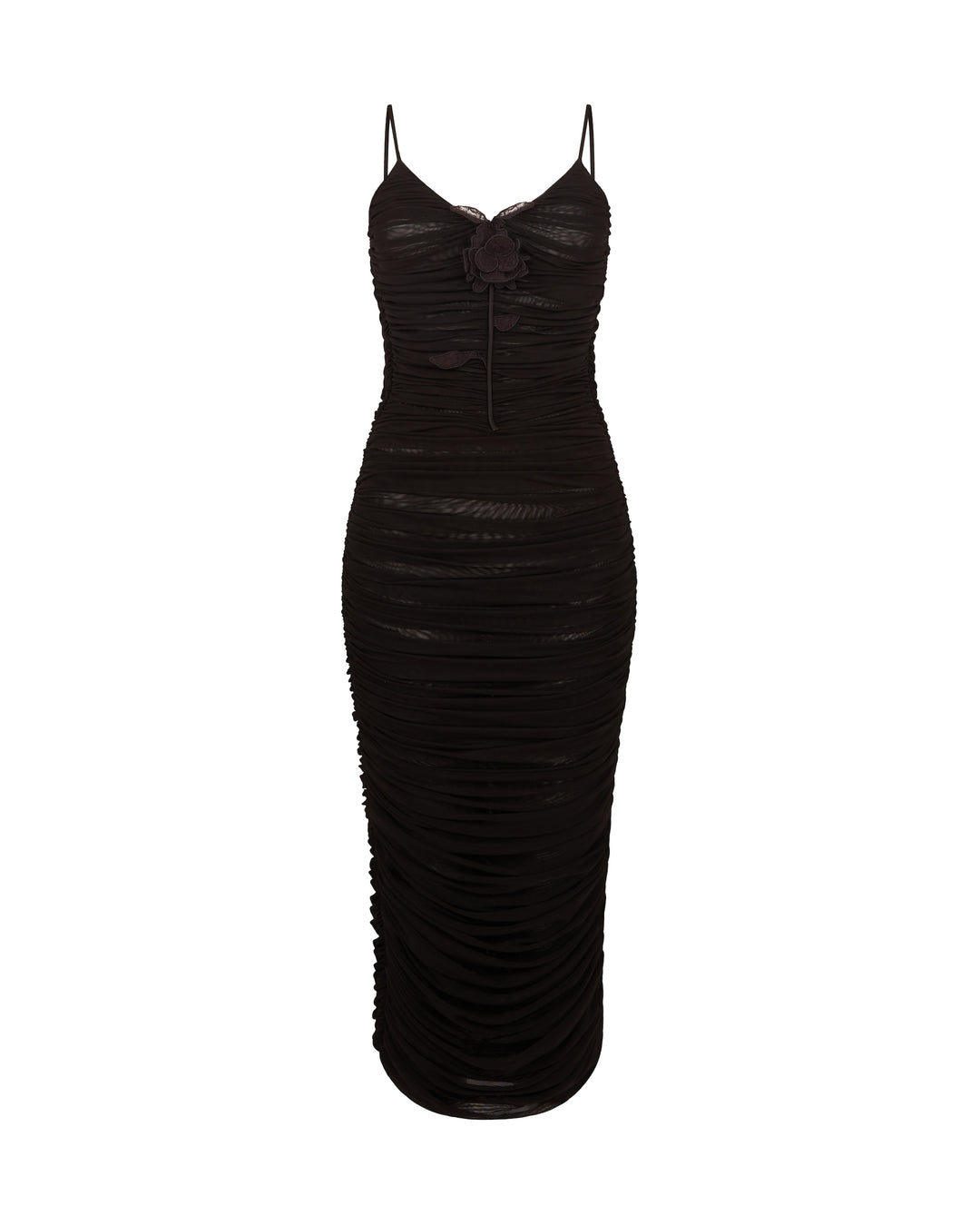 David Koma LACE ROSE EMBROIDERED RUCHED MIDI DRESS Black / 10 David Koma LACE ROSE EMBROIDERED RUCHED MIDI DRESS Black / 10