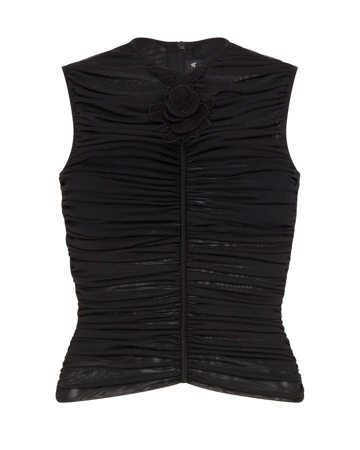 LACE ROSE EMBROIDERED RUCHED TOP