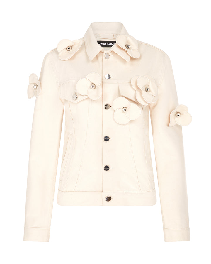 3D FLOWER DENIM JACKET IN ECRU
