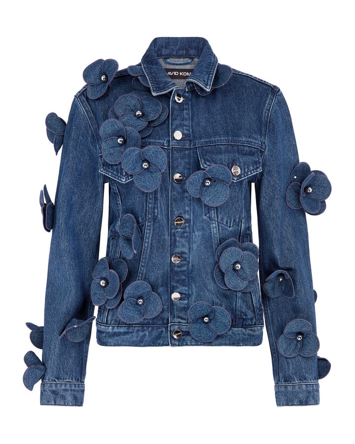 3D FLOWER DENIM JACKET IN INDIGO