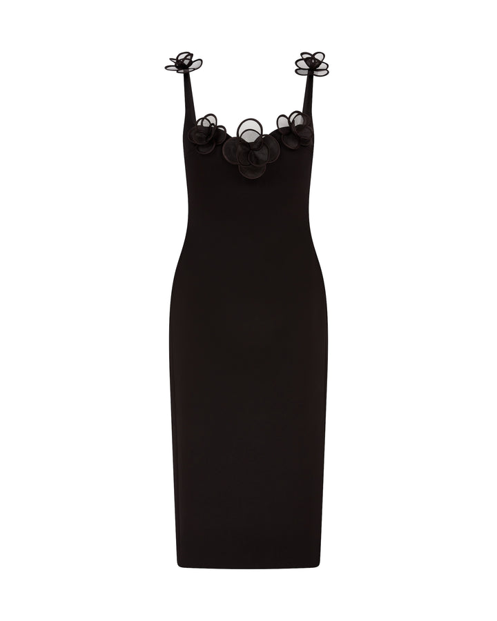 3D LACE FLOWER SATIN MIDI DRESS IN BLACK