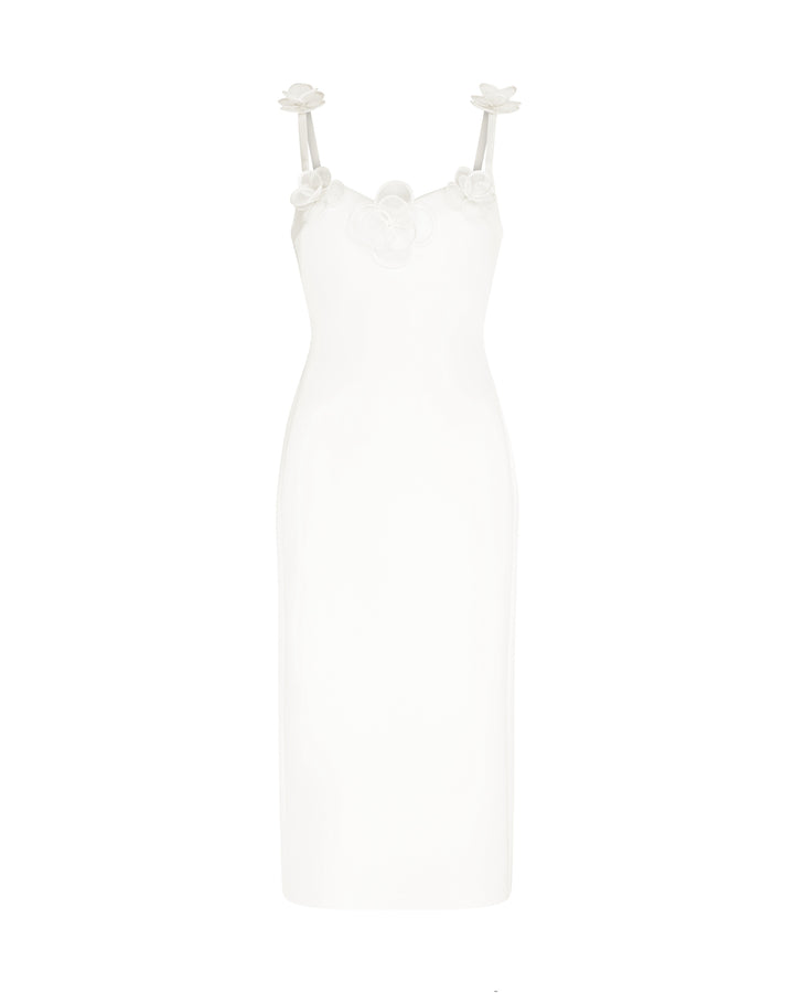 3D LACE FLOWER SATIN MIDI DRESS IN WHITE