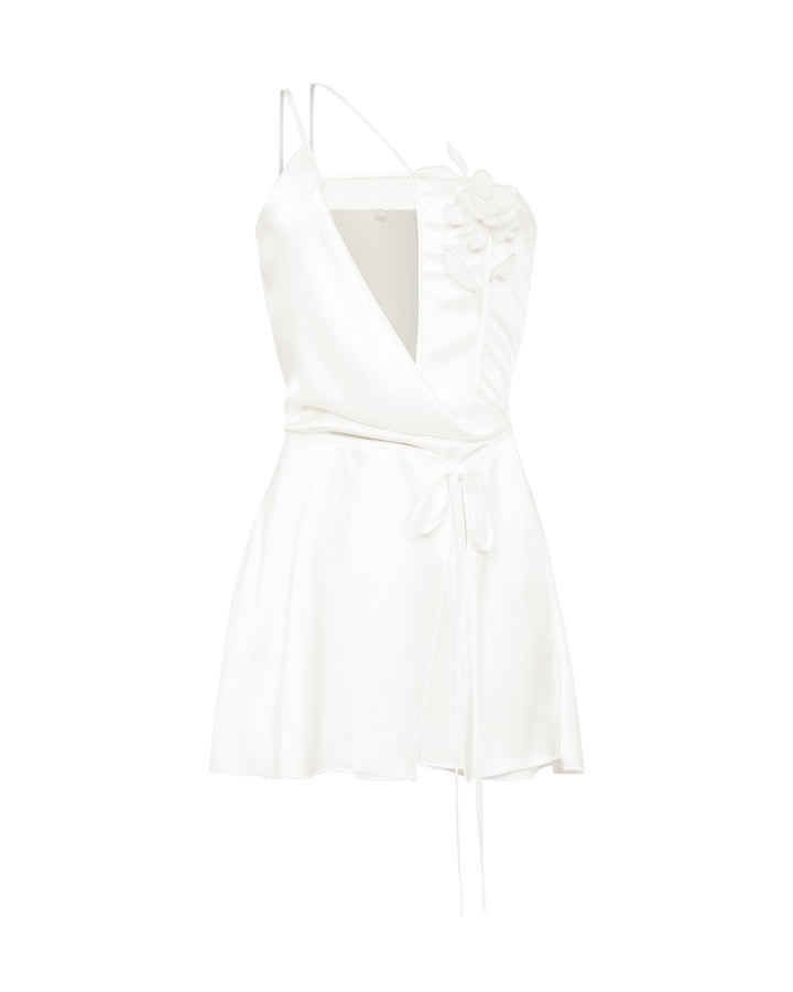 LACE ROSE AND CUTOUT SATIN MINI DRESS