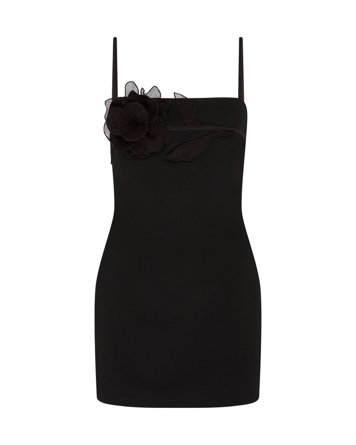 LACE ROSE STRAPPY MINI DRESS IN BLACK