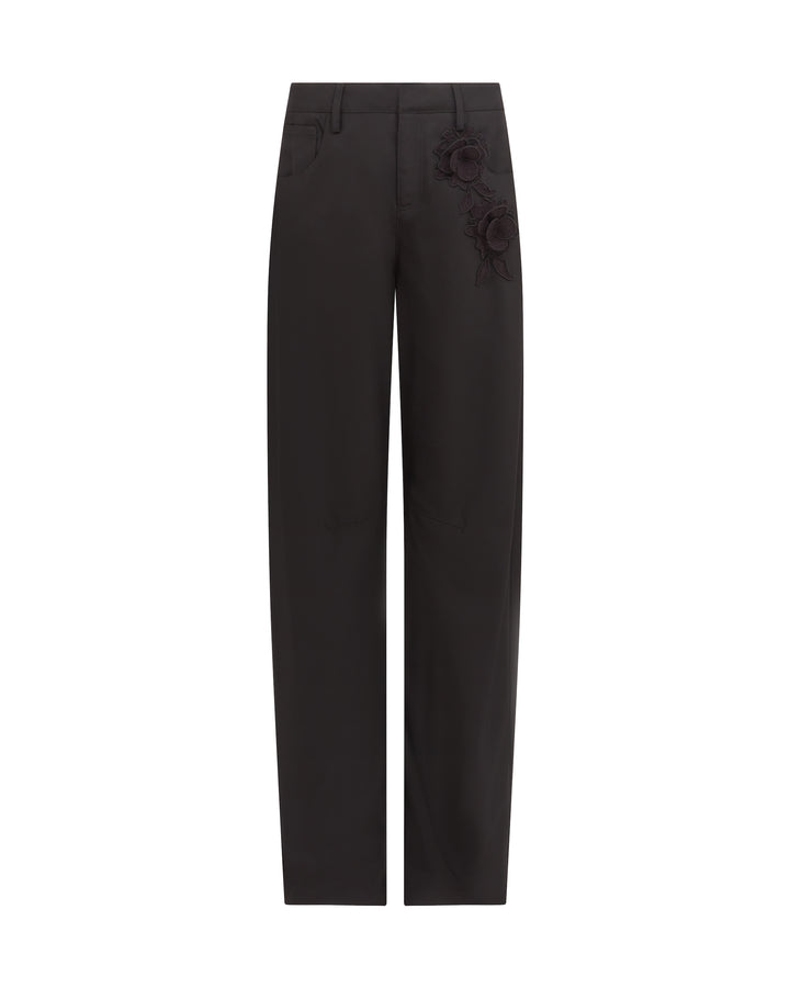 LACE ROSE EMBROIDERED TROUSERS IN BLACK