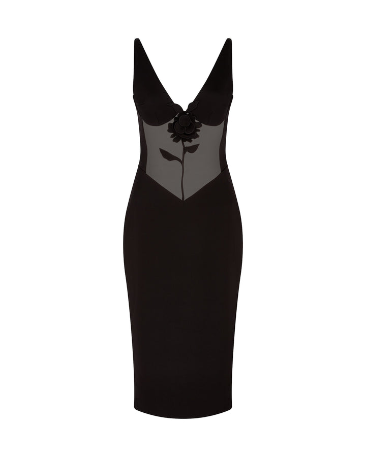 LACE ROSE AND TULLE INSERT MIDI DRESS