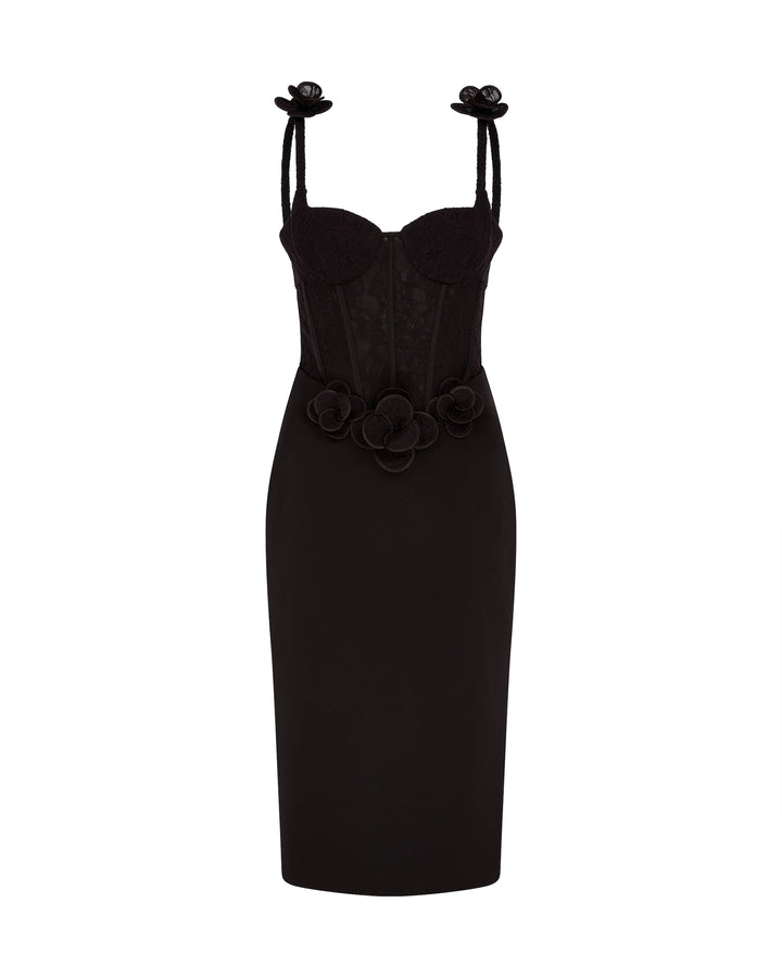 LACE FLOWER CORSET SATIN MIDI DRESS