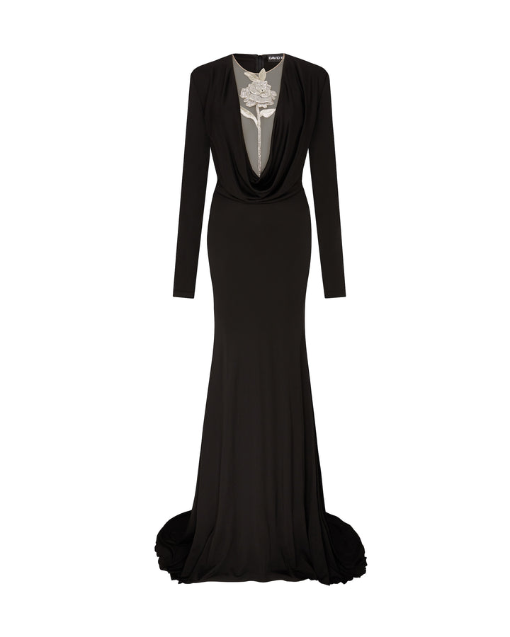 CRYSTAL ROSE DETAIL GOWN IN BLACK