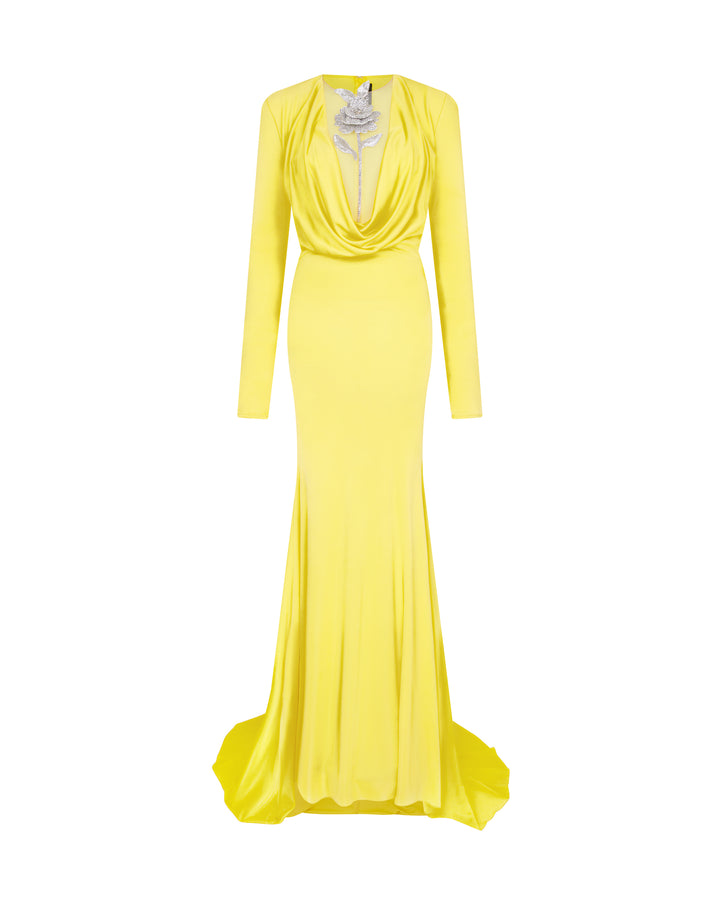 CRYSTAL ROSE DETAIL GOWN IN YELLOW