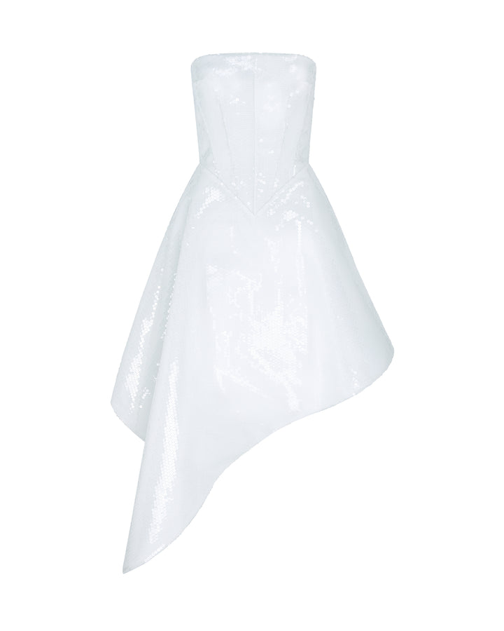 ASYMMETRIC HEM SEQUIN MIDI DRESS