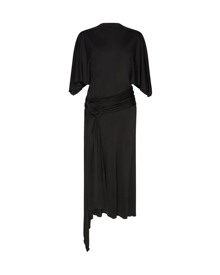 DRAPED SLEEVE JERSEY MIDI DRESS IN BLACK