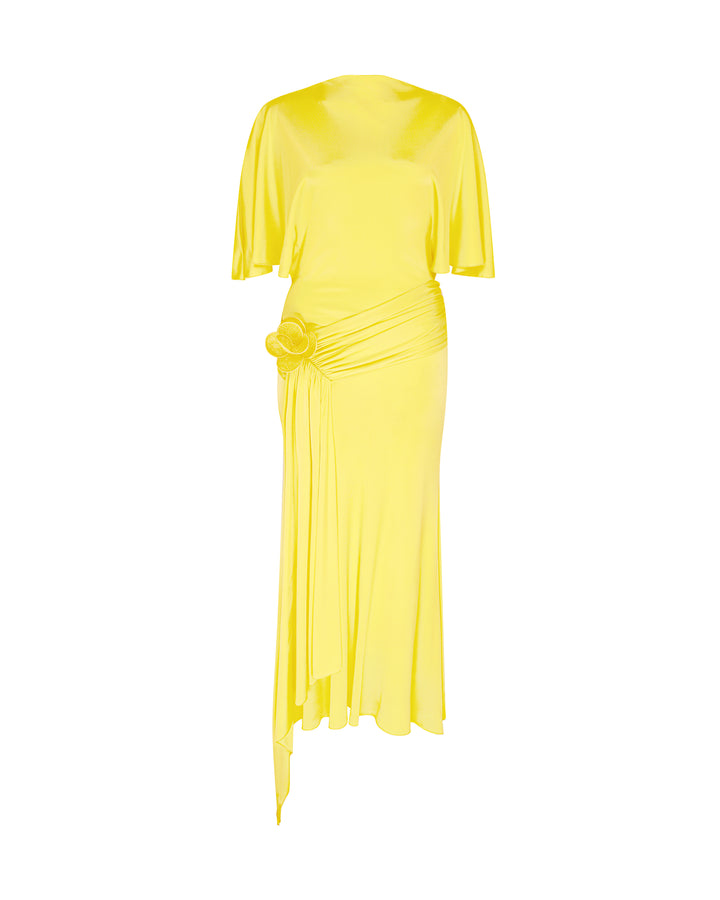 DRAPED SLEEVE JERSEY MIDI DRESS IN YELLOW
