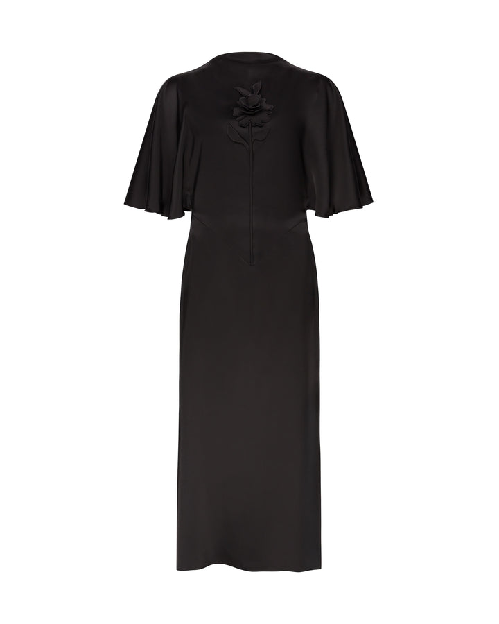 LACE ROSE EMBROIDERED SATIN MIDI DRESS