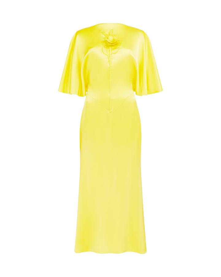 LACE ROSE EMBROIDERED SATIN MIDI DRESS IN YELLOW