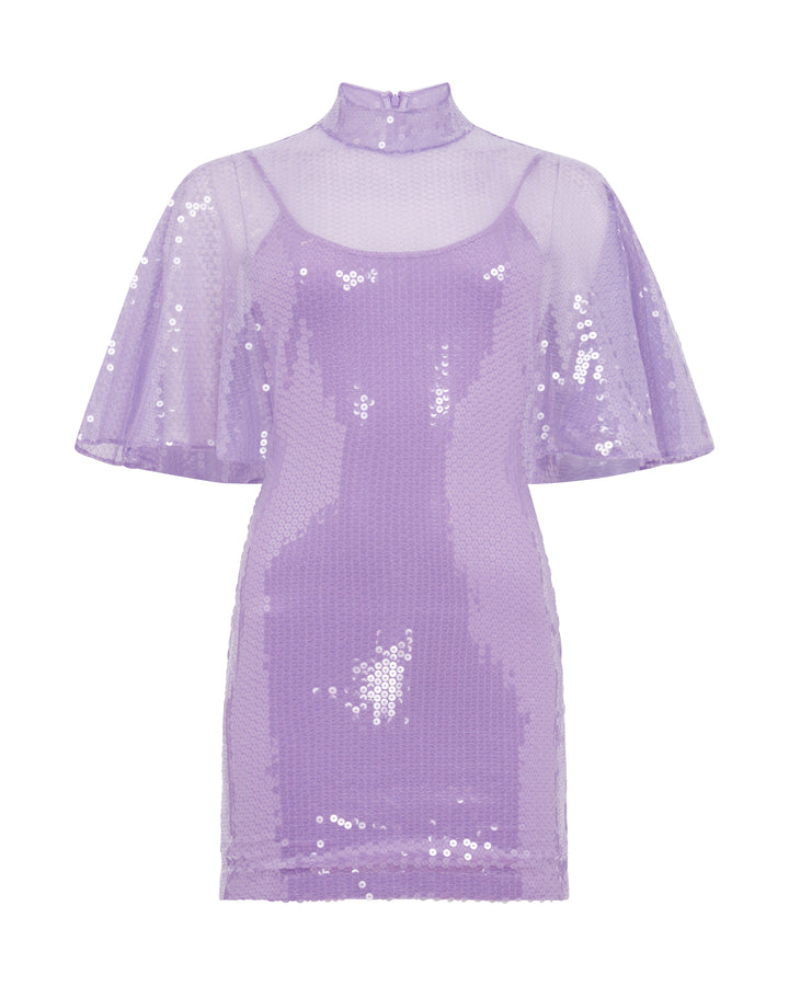 DRAPED SLEEVE MINI SEQUIN DRESS IN LILAC