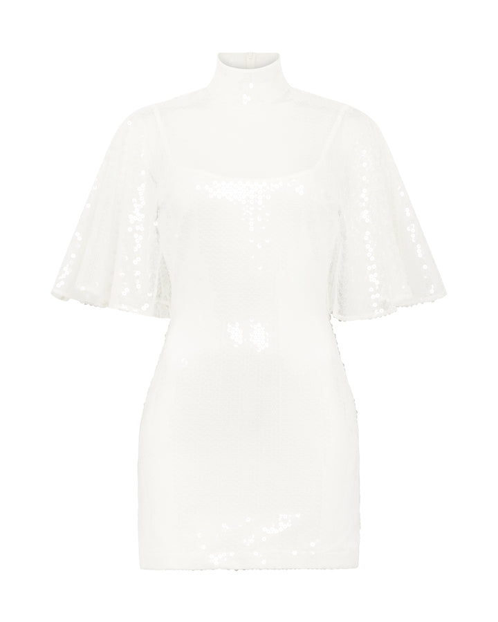 DRAPED SLEEVE MINI SEQUIN DRESS IN WHITE