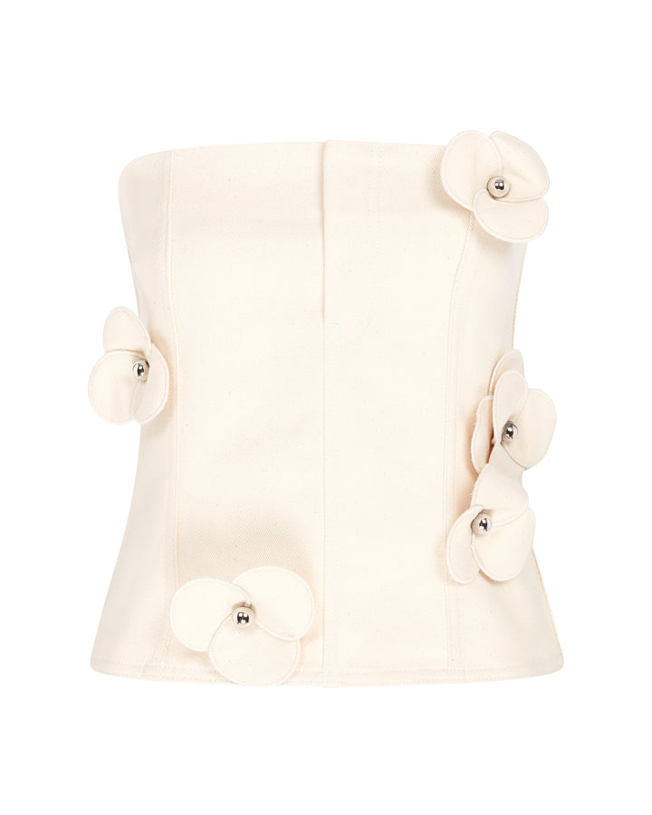 3D FLOWER DENIM CORSET TOP IN ECRU