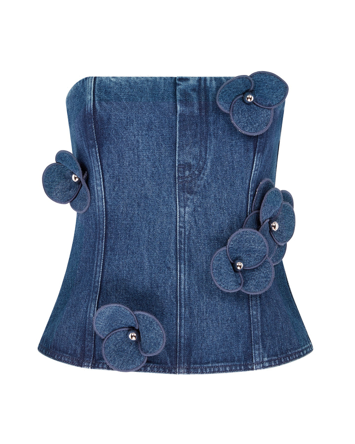 3D FLOWER DENIM CORSET TOP IN INDIGO