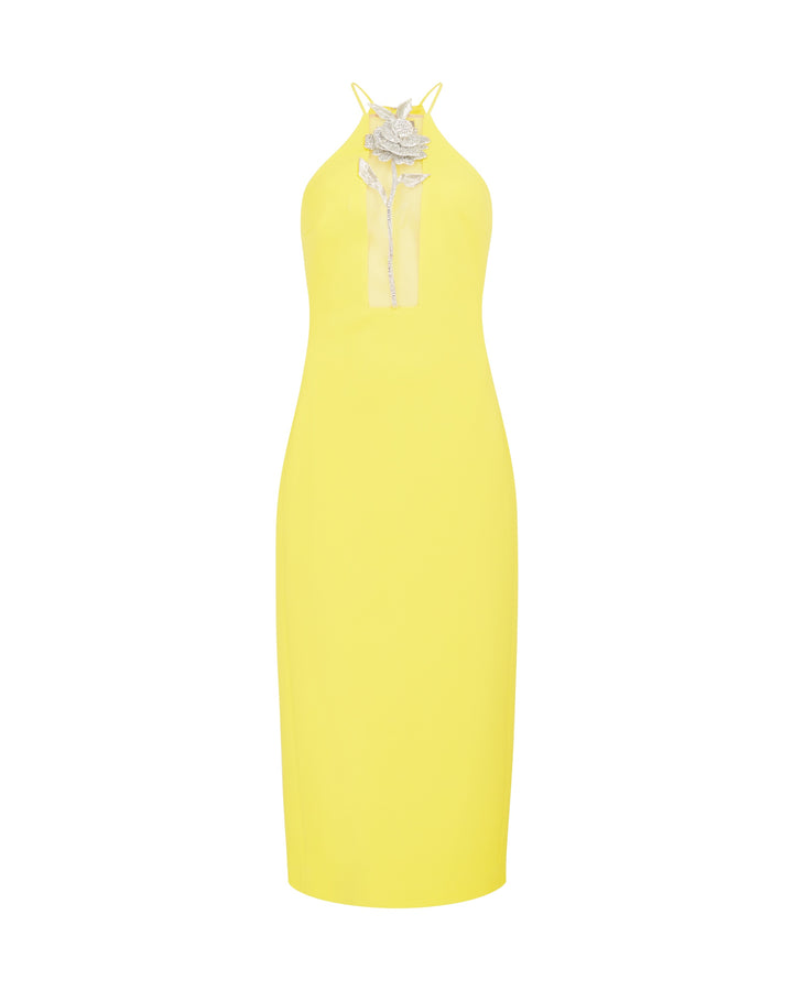 CRYSTAL ROSE HALTER MIDI DRESS IN YELLOW