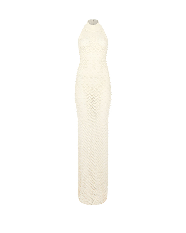 PEARL EMBELLISHED KNIT HALTER GOWN