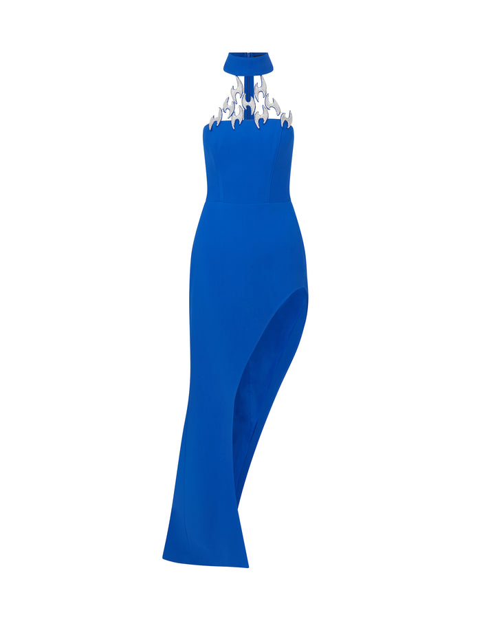 CRYSTAL FISH HOOK HALTER GOWN IN BLUE