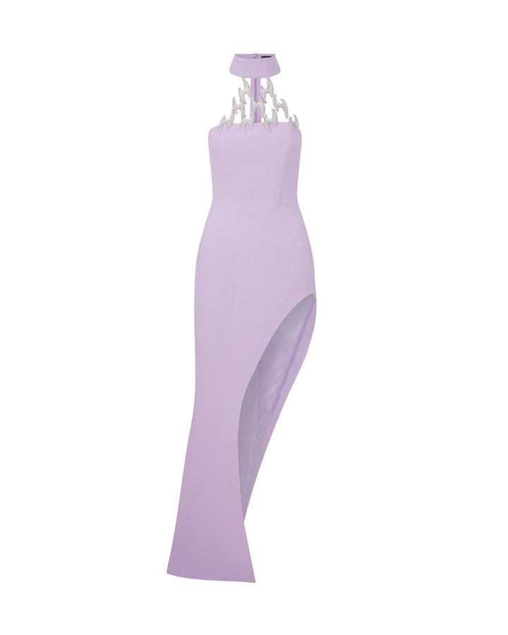 CRYSTAL FISH HOOK HALTER GOWN IN LILAC